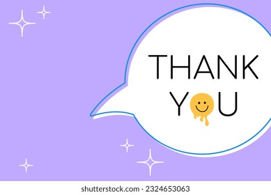 Thank you banner with speech bubble and copy space for text. Typography with melting smile face, outline, stars decoration. Vector illustration 