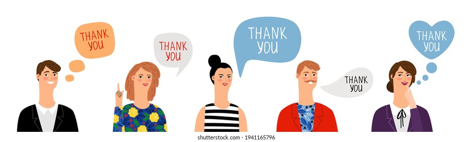 Thank you banners. Diverse people say thanks. Men women talking, business persons conversation vector characters