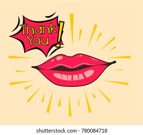 Thank You, Beautiful greeting card poster with comic lips pop art style