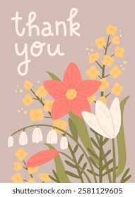Thank you. Beautiful vector bouquet. Greeting card or banner template. Cute cartoon flowers on grey background. Birthday or Women's Day card template