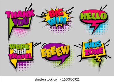 Thank You big win hello pop set hand drawn pictures effects template comics speech bubble halftone dot background pop art style. Comic dialog cloud. Idea conversation sketch explosion.