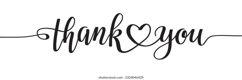 Thank you black lettering horizontal phrase with line heart. Design element. Vector illustration.