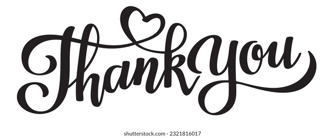 Thank you black lettering phrase with line heart. Design element. Vector illustration.