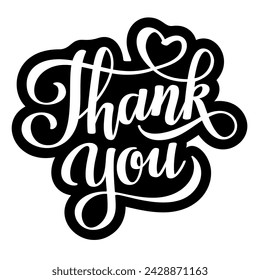 Thank you black-white sticker. Lettering phrase with line heart. Element for your design. Vector illustration.