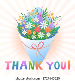 Thank you. Bouquet of flowers on a white background with rays. Greeting vector card with text.