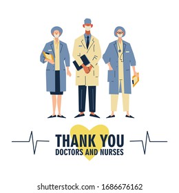 Thank you brave healthcare working in the hospitals and fighting the coronavirus outbreak. Flat cartoon vector illustration on white background.