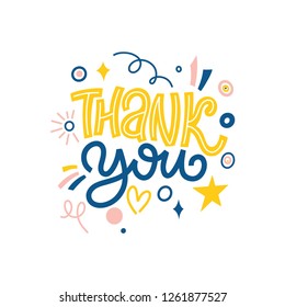 Thank you. Bright colored letters. Modern hand drawn lettering. Colourful lettering for postcards and banners.. Motivational calligraphy poster. Stylish font typography. 