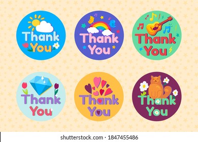 Thank you bright concept icons set. Greeting idea thin line color illustrations. Music, animal, diamond, rainbow and heart patches. Thanksgiving day. Vector isolated design drawings