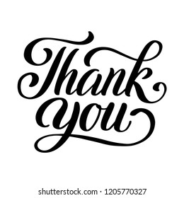 Thank you brush hand lettering, black vintage letters with flourishes isolated on white background. Vector calligraphy.