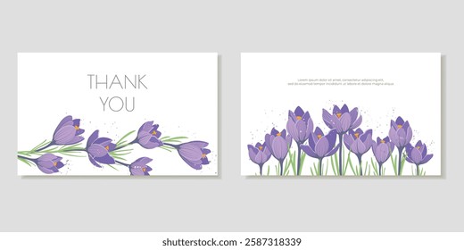 Thank you business cards template, cards, with spring flowers purple crocuses. Vector