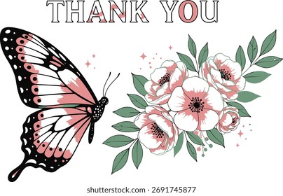 Grafo Floral Borboleta - Elegante Pink e Branco Arranjo com Gratidão Mensagem