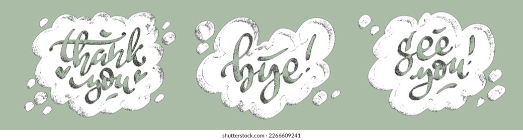 Thank you, Bye, See you common phrases speech bubbles set. Cartoon style subtle color pallete call out collection. Design for cards, web, ads, social media. Engraving vintage look linear clip-art.