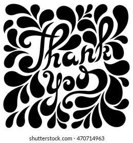 Thank You calligraphic inscription with doodles black elements on white background. Vector illustration.
