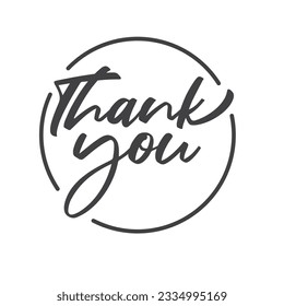 Thank you calligraphic message, hand drawn lettering text inside a circle.