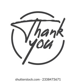 Thank you calligraphic message, hand drawn lettering text inside a circle.