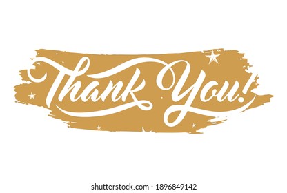 Thank You calligraphy card. Hand sketched lettering typography. Drawn art sign, golden color, stars. Motivational text. Greetings logotype, badge, icon, logo, banner, tag. Vector isolated illustration