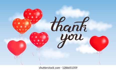 Thank you calligraphy hand lettering with red heart shape balloon soaring in blue sky with white clouds, vector art illustration.