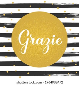 Thank you calligraphy hand lettering in Italian language on black and white brush stroke stripes background. Vector template for wedding thank you card, tag, banner, poster, label, etc.