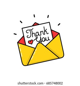 Thank you calligraphy inscription letter in envelope. Vector modern line outline flat style cartoon illustration icon. Isolated on white background. Thank you Card,poster,quotes,text envelope concept