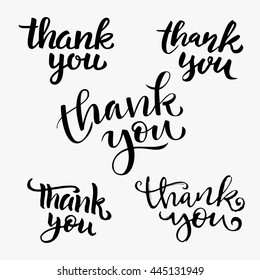Thank You calligraphy vector collection in black color. Hand lettering phrase thank you in five different variations on light background isolated.