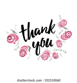 Thank you calligraphy vector decorated hand painted cute pink roses on white for greeting card.