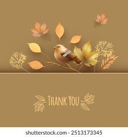 Thank you card. Autumn banner with a bird and fall leaves