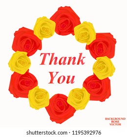 Thank you card. Background with red and yellow roses. Bright backdrop with words thank you. Vector illustration.