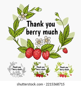 Thank you card, banner. Vector. Thank you berry much, cute pun with strawberry.