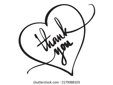 Thank you card. Beautiful greeting card handrawn calligraphy with heart or love sign. Hand drawn invitation T-shirt print design.Handwritten modern brush lettering white background isolated vector