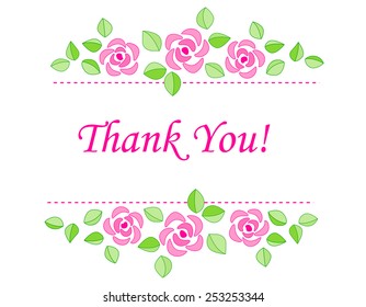 Thank you card with beautiful pink roses isolated on white background