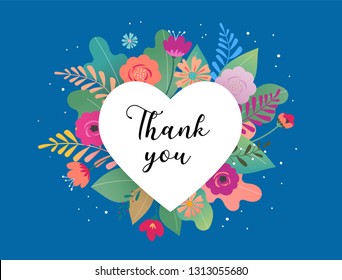 Thank you card. Big white heart with colorful flowers in background