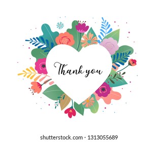 Thank you card. Big white heart with colorful flowers in background