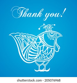 Thank you card with bird. Blue and white color. Vector Version. 