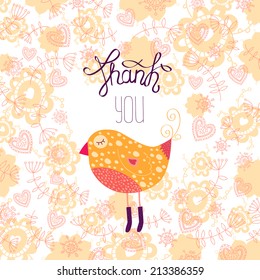 Thank you card with bird and flowers, hand lettering. Vector illustration