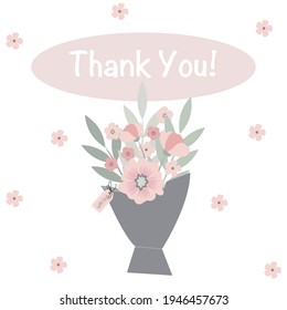 Thank you card with a bouquet of pink flowers isolated on white background. Vector cute greeting card