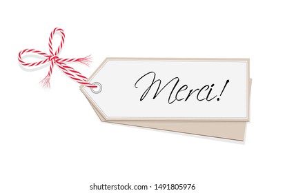 Thank you card with bow, Text in french „Merci“,
Vector illustration isolated on white background
