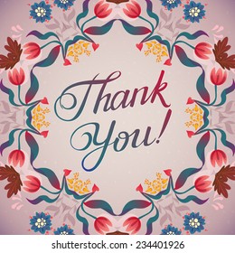 Thank you card in bright colors. Stylish floral background with text, berries, leaves and flowers. Love and kindness thanksgiving card