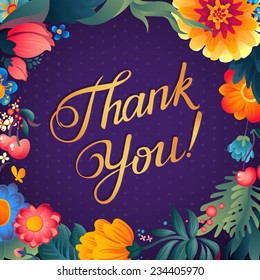 Thank you card in bright colors. Stylish floral background with text, berries, leaves and flowers. Love and kindness thanksgiving card