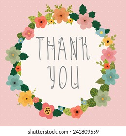 Thank you card  Bright floral frame pink background  Vector illustration