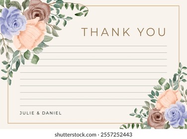 thank you card brown blue floral watercolor frame