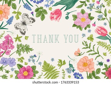 Thank you card and butterfly  bug   flowers  Little garden  Vector botanical illustration  