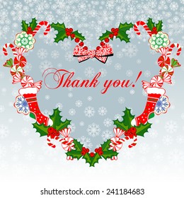  Thank you card. Christmas.heart with ribbon, Colorful design. Vector illustration. 