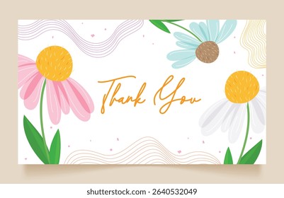 Thank you card clipart template. Thank you greeting text with drawing flowers clip art in abstract background for thanksgiving and appreciation card design vector illustration. 
