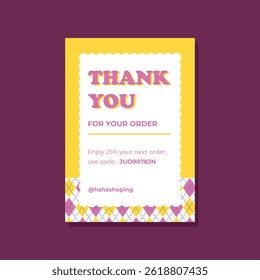 Thank you card with colorful retro style for customer appreciation, printable format, used for discount promotion.