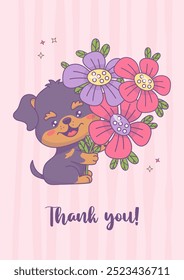 Thank You card. Cute dog with bouquet of flowers on pink background. Vertical poster Thankful banner, flyer, Grateful Greetings, Appreciation Note, Message. Vector illustration. Kids collection