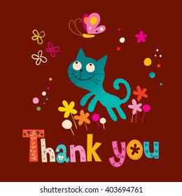 thank you card with cute kitten and butterfly