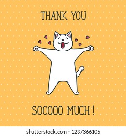 Thank You card with cute white cat on yellow dotted background. Hand drawn vector illustration