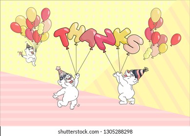 Thank you card. Cute white bears in party hats with air balloons. Word Thanks. Vector illustration.