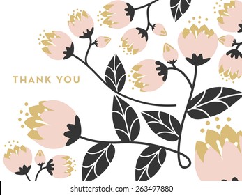 Thank you card decorated with flowers on a branch and leaves on white background. Can be used as a thank you note after your wedding or birthday. Vector and illustration design.