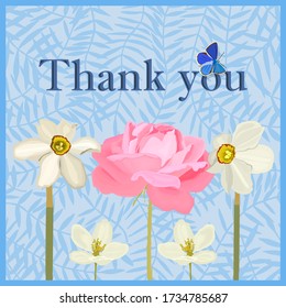 Thank you - card. Delicate pink rose, daffodils, apple tree flowers. Eps10 vector stock illustration